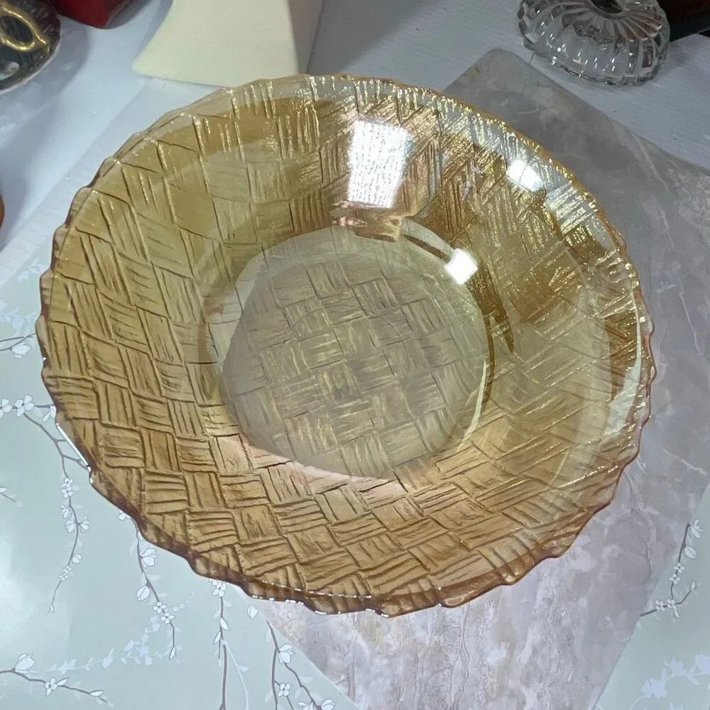 Vintage Indiana Glass Company marigold iridescent carnival glass basket weave bo